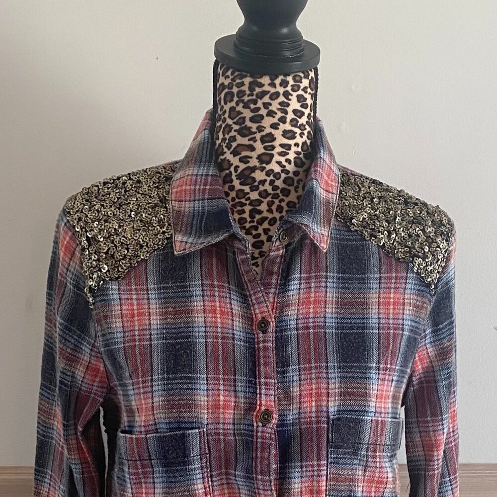 Free People Little Bit‎ of Sugar Sequin Plaid Shirt Size Small Petite.